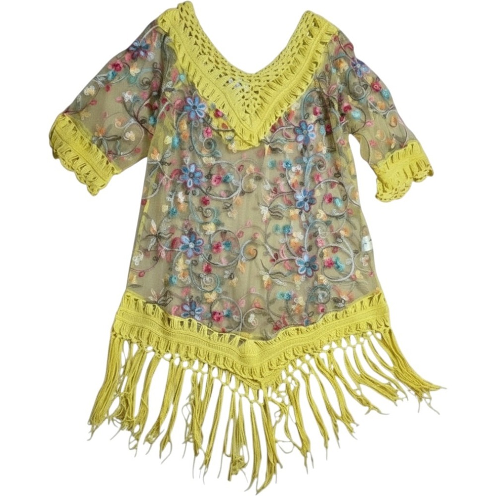 ASHA‎ Yellow Embroidered Floral Crochet Fringe Sheer Coverup Women's Size OS